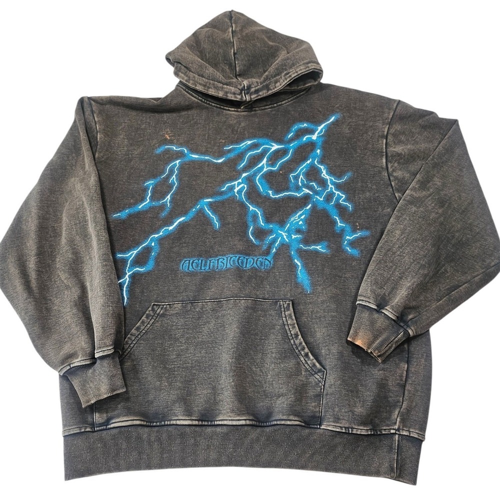Aelfric Eden Lightning Bolt Acid Wash Hoodie Charcoal Grey Mens Medium